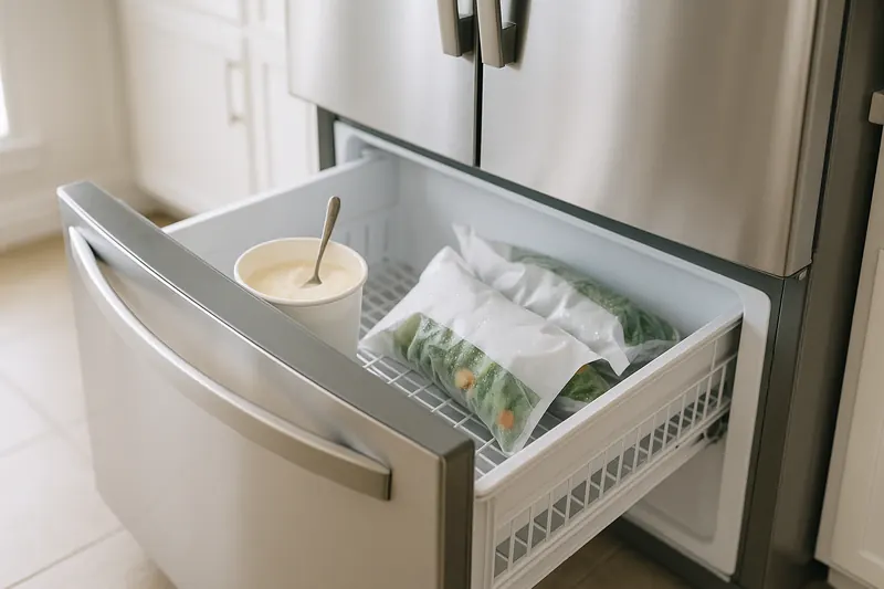 Open bottom-freezer drawer with a softened ice cream tub and thawing frozen food bags with water droplets