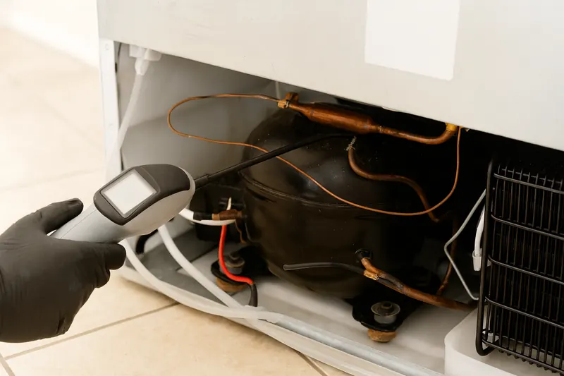 Technician's gloved hand holding an electronic leak detector probe at a brazed copper joint in a refrigerator machine compartment