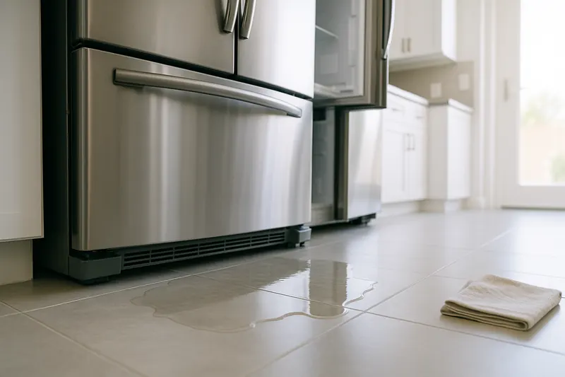 Puddle of water on a tile kitchen floor in front of the bottom grille of a stainless-steel refrigerator