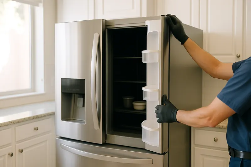 Open refrigerator with the interior light off and no display lit in a daylight kitchen