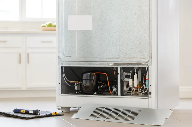 Refrigerator pulled out from the wall with the lower rear access panel removed, exposing the compressor and condenser fan