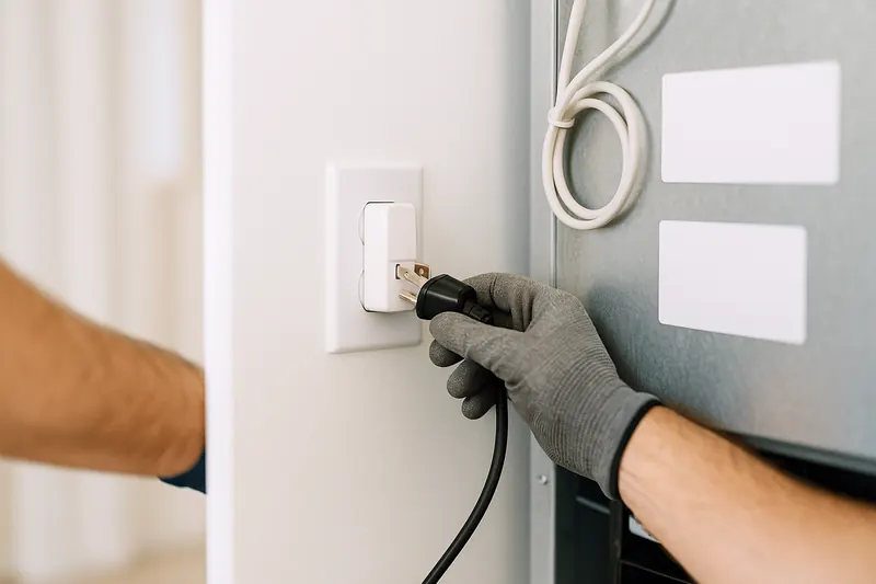 Refrigerator power cord being plugged into an appliance surge protector at the wall outlet behind a pulled-out refrigerator