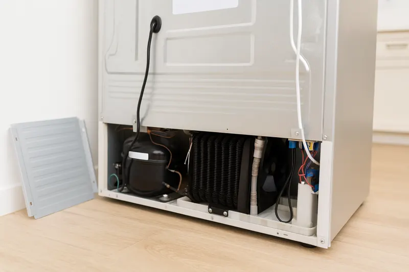 Lower rear machine compartment of a refrigerator with the access cover removed: compressor, filter-drier, condenser fan shroud and insulated refrigerant lines