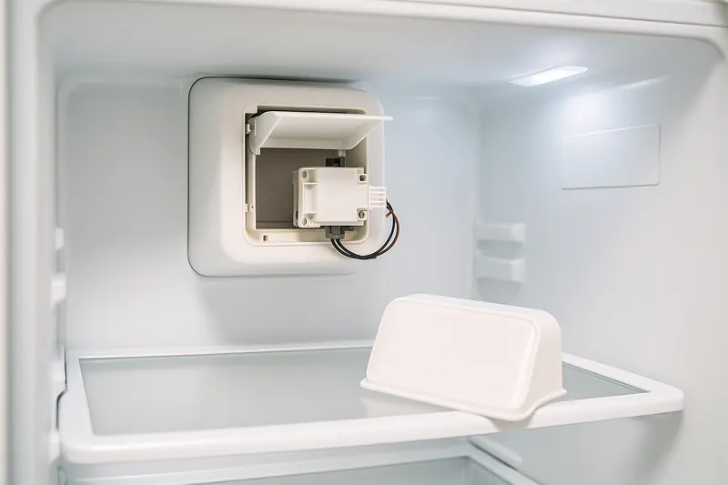 Motorized air damper assembly in the rear wall of a refrigerator fresh-food compartment with the cover removed