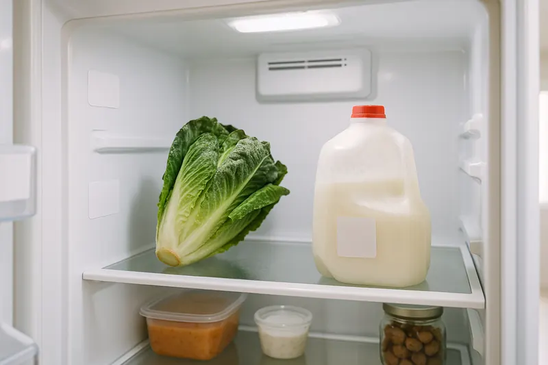 Lettuce and a milk jug with frost on them on the top shelf of a refrigerator, right under the cold-air vent