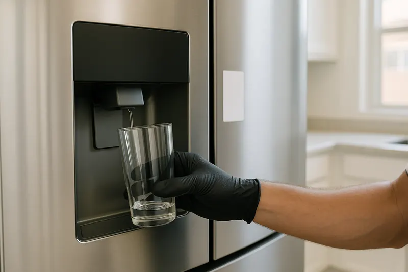 Glass pressed against a refrigerator door water dispenser with only a thin trickle of water coming out